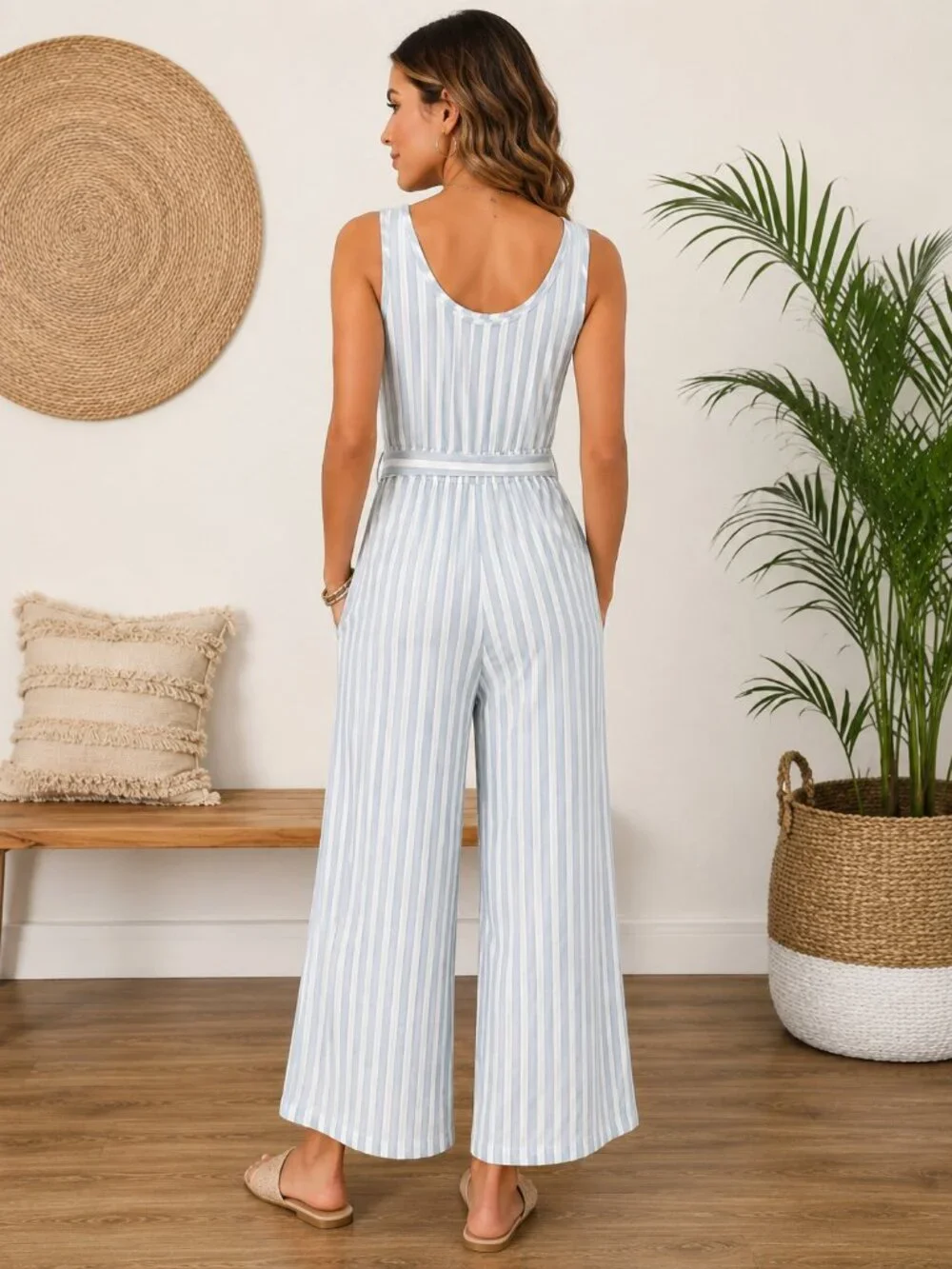Tribal Jeans Blue & White Striped Wide Leg Jumpsuit | Petite Small P/S - Picture 2 of 5